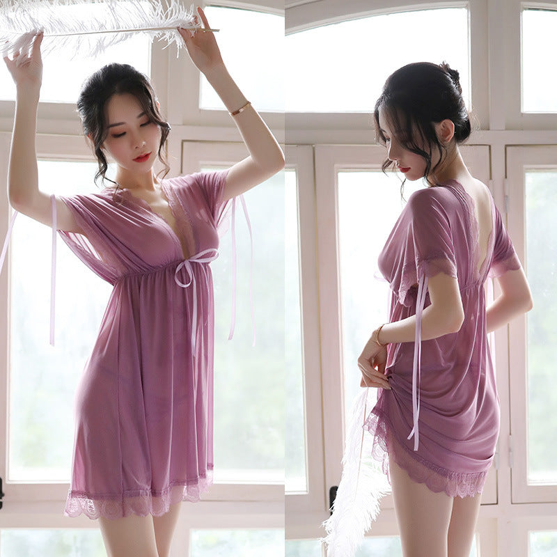 Nuisette V-Neck Woman Backless Night Wear Silk Sleepshirts Night Dress Sleepwear
