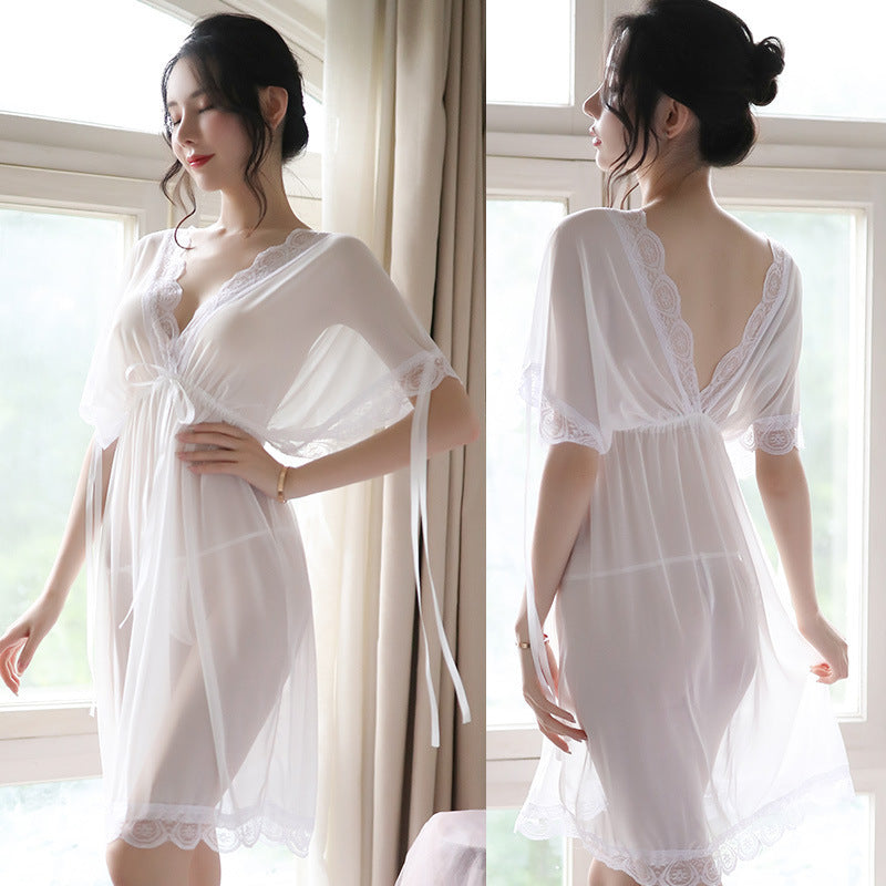 Nuisette V-Neck Woman Backless Night Wear Silk Sleepshirts Night Dress Sleepwear