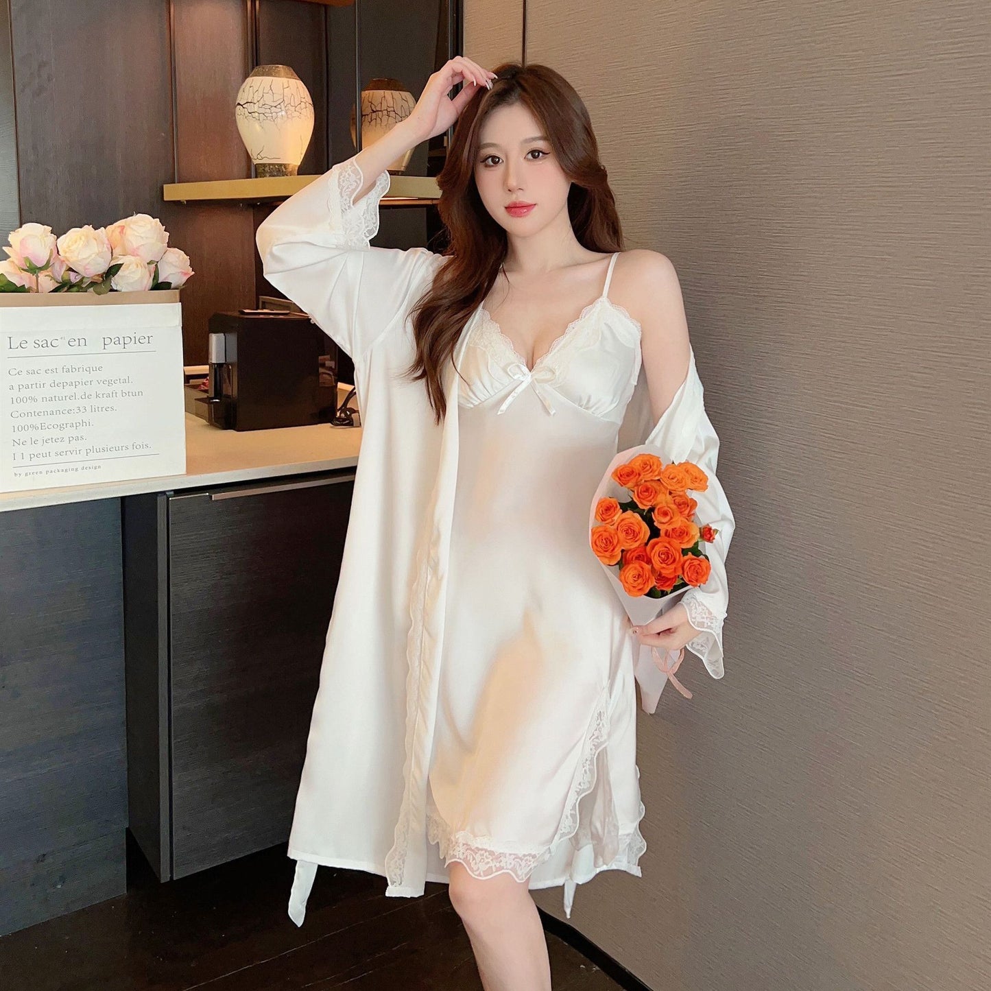 Women's Ice Silk Pajamas With Chest Pad Thin Robe Nightdress Two-piece Suit