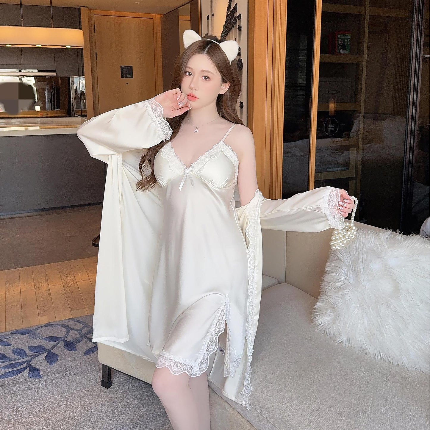 Women's Ice Silk Pajamas With Chest Pad Thin Robe Nightdress Two-piece Suit