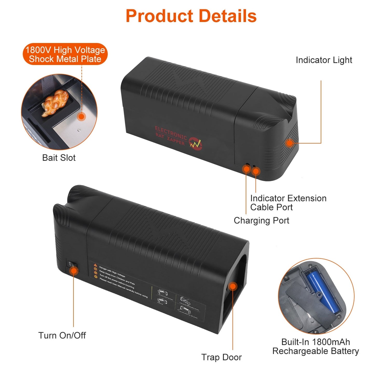 1Pc Electric Rat Trap Reusable Mice Trap Rodent Zapper Indoor Pest Control Rechargeable Shock Mice Killer With 1800V High Voltage For Home