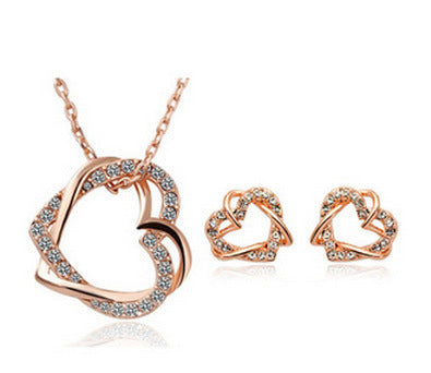 Double Diamond Heart Jewelry Set - Necklace & Earrings