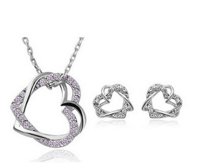 Double Diamond Heart Jewelry Set - Necklace & Earrings