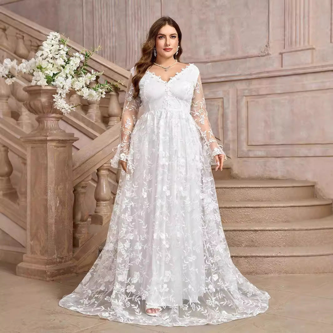 White V-Neck Wedding Bridal Gown Formal Dress