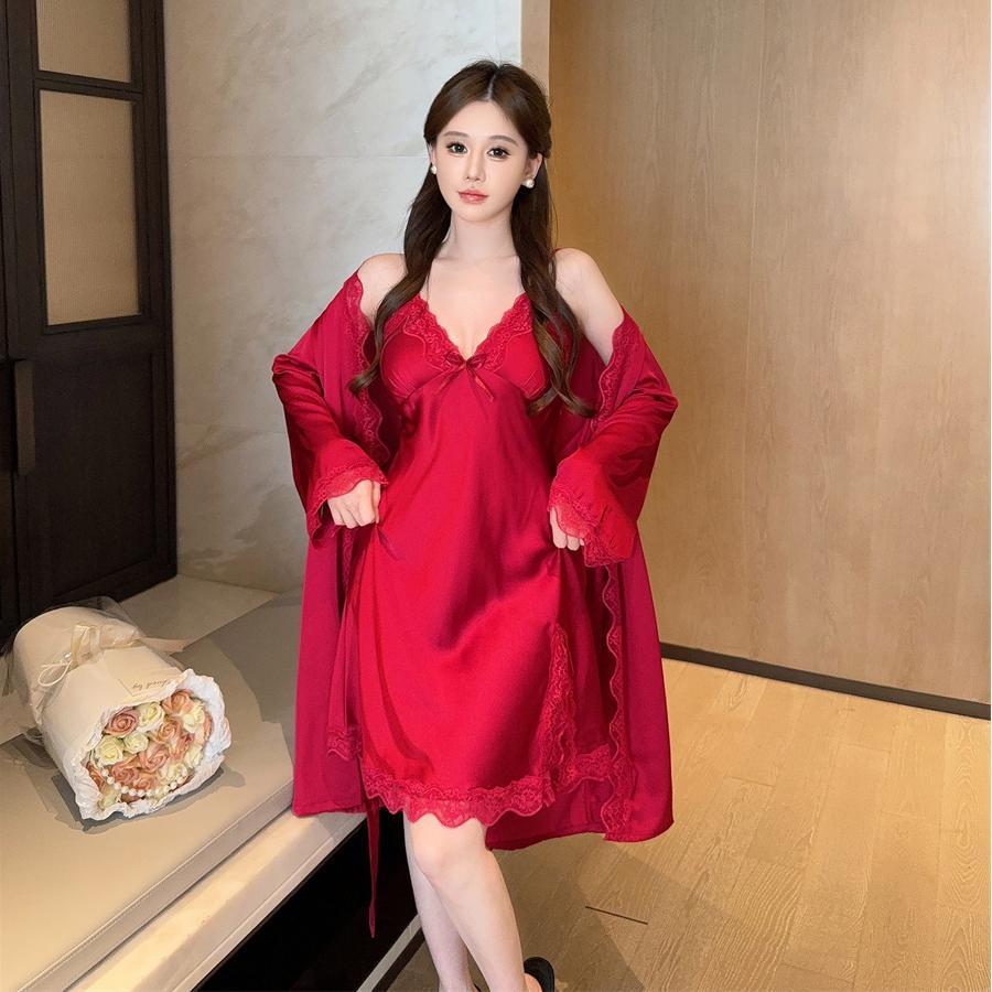 Women's Ice Silk Pajamas With Chest Pad Thin Robe Nightdress Two-piece Suit