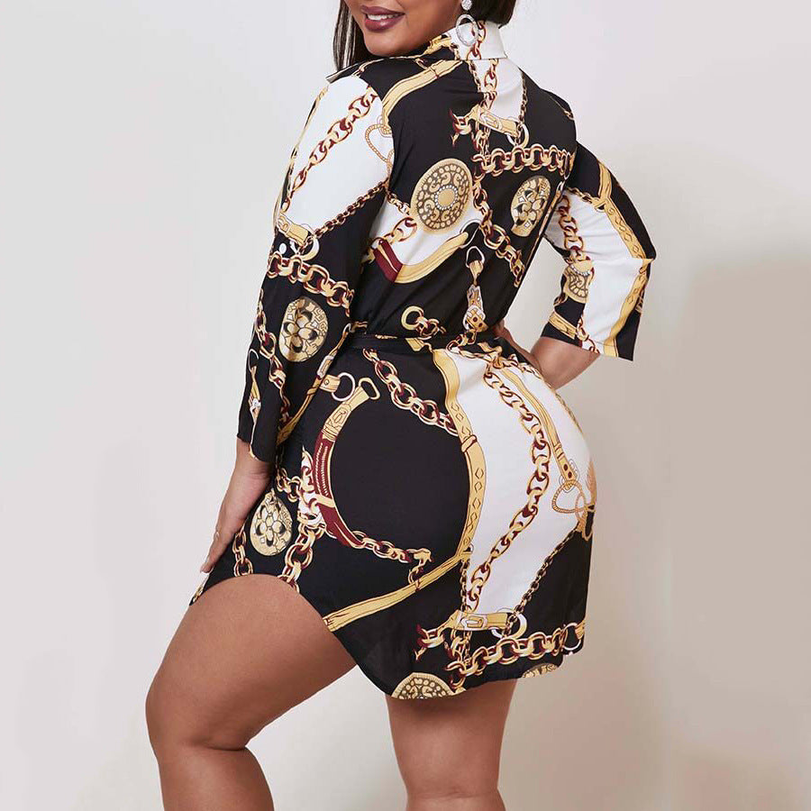 Sexy Fashion Printed V-neck Half Sleeve Gold Necklace Dress