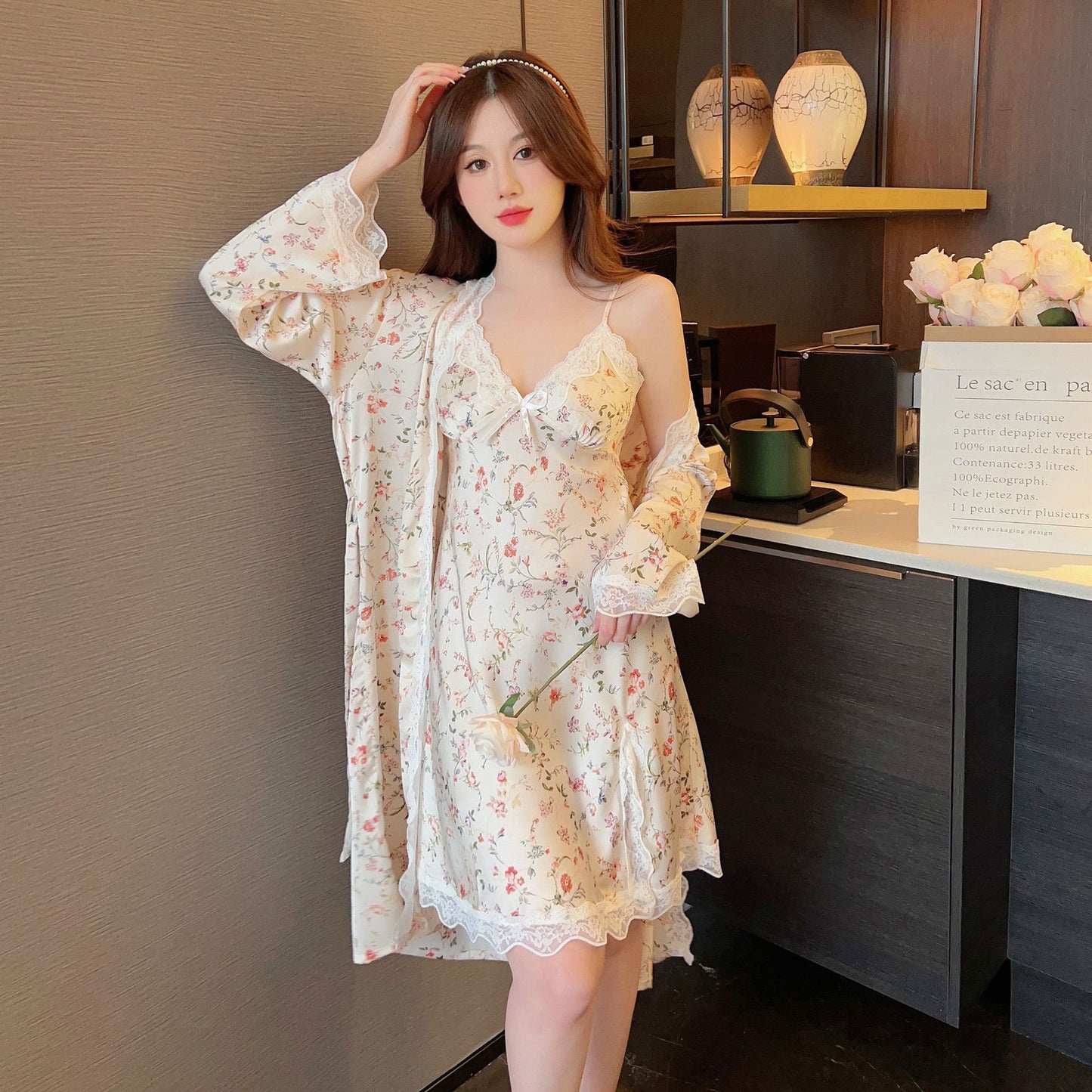 Women's Ice Silk Pajamas With Chest Pad Thin Robe Nightdress Two-piece Suit