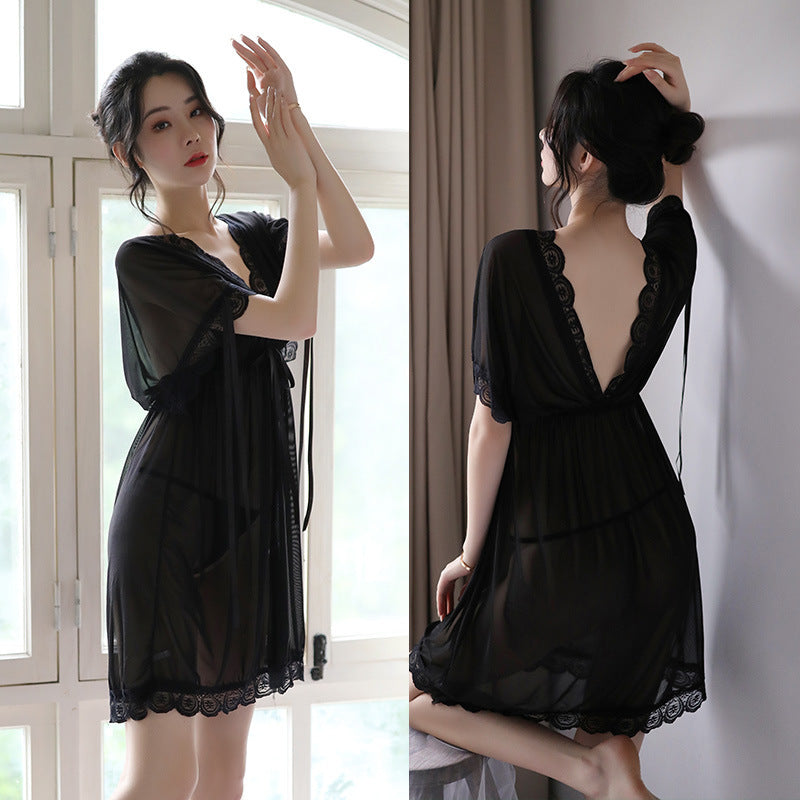 Nuisette V-Neck Woman Backless Night Wear Silk Sleepshirts Night Dress Sleepwear
