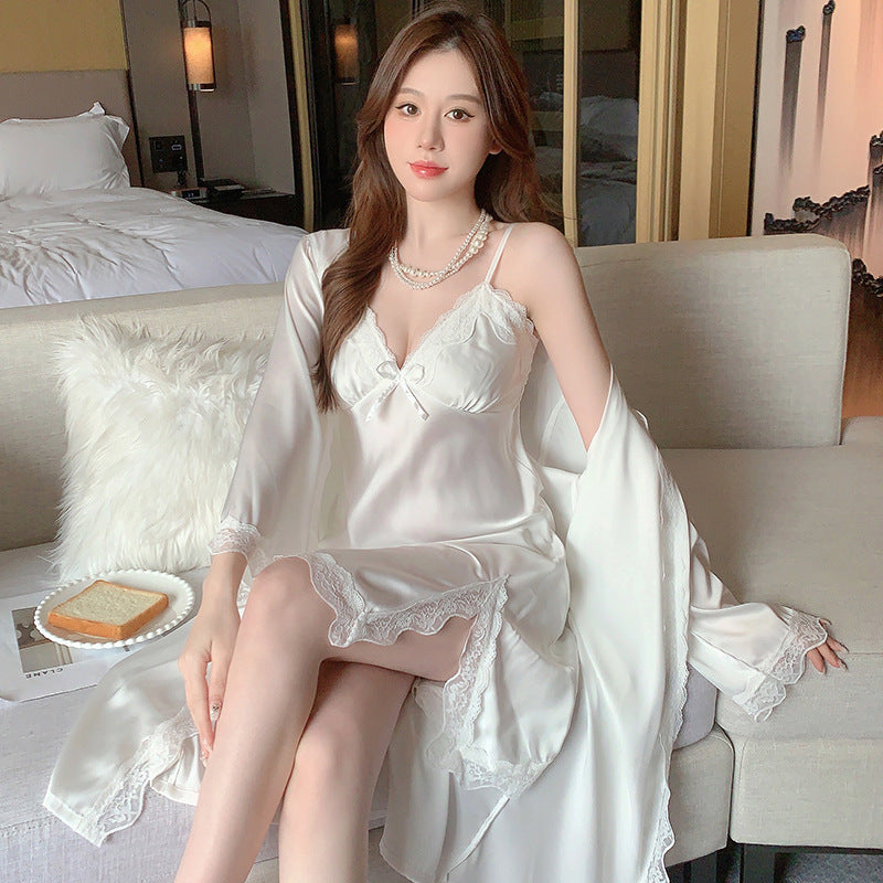 Women's Ice Silk Pajamas With Chest Pad Thin Robe Nightdress Two-piece Suit