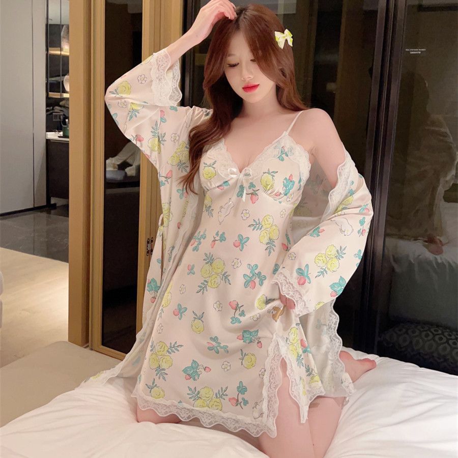 Women's Ice Silk Pajamas With Chest Pad Thin Robe Nightdress Two-piece Suit