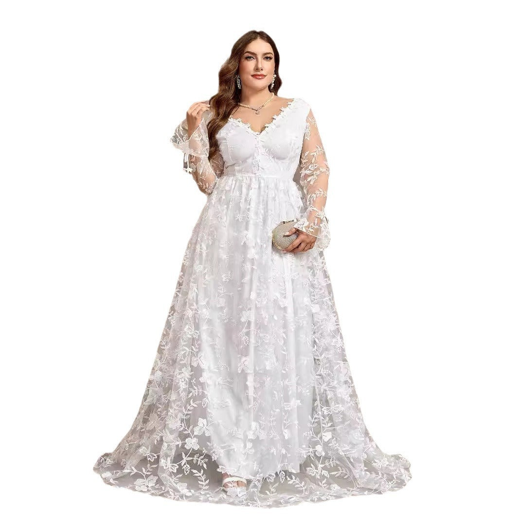 White V-Neck Wedding Bridal Gown Formal Dress