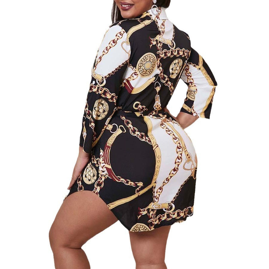 Sexy Fashion Printed V-neck Half Sleeve Gold Necklace Dress