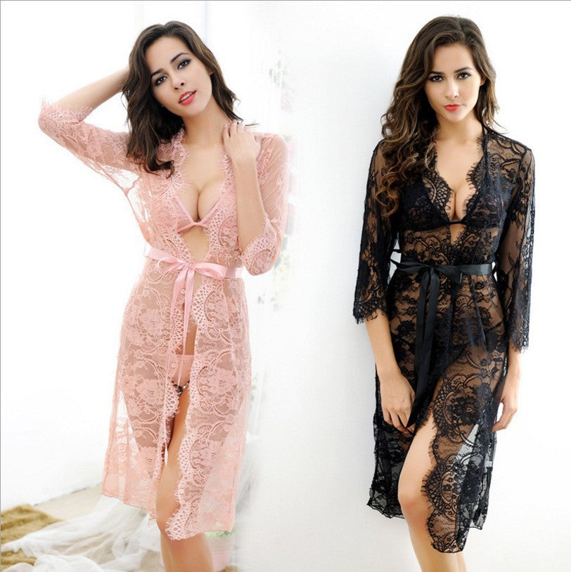 Sexy Lingerie Lace Bathrobe Three-Point Bra Panties Pajamas See-Through Nightgown Nightclub Home Sexy Pajamas Temptation