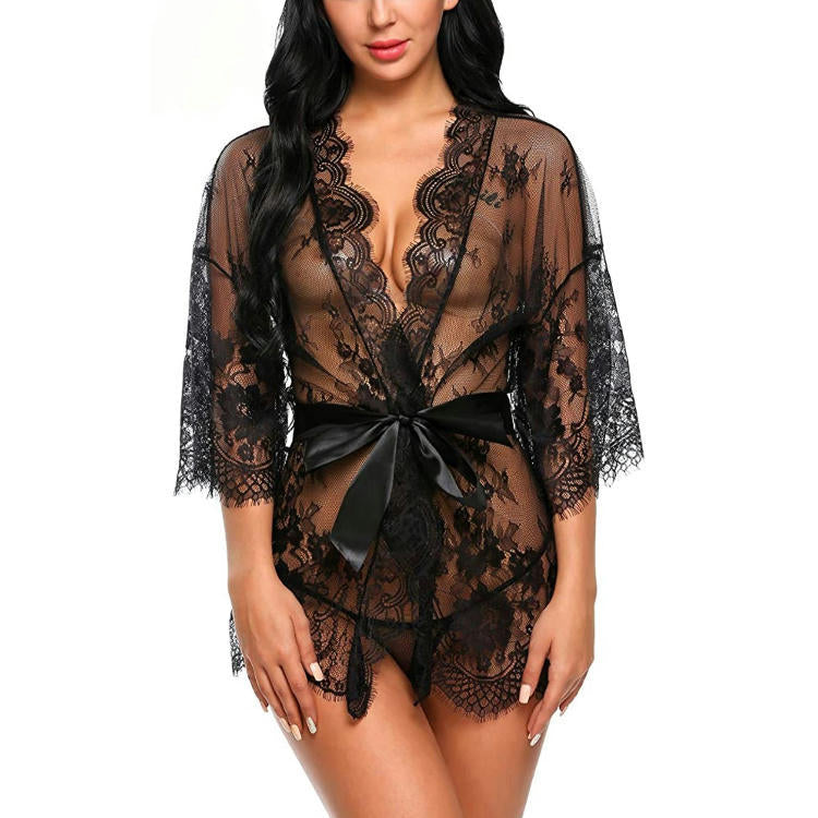 New European And American Sexy Underwear Women's Sexy Temptation Lace Kimono Nightgown Doll Underwear Mesh Pajamas