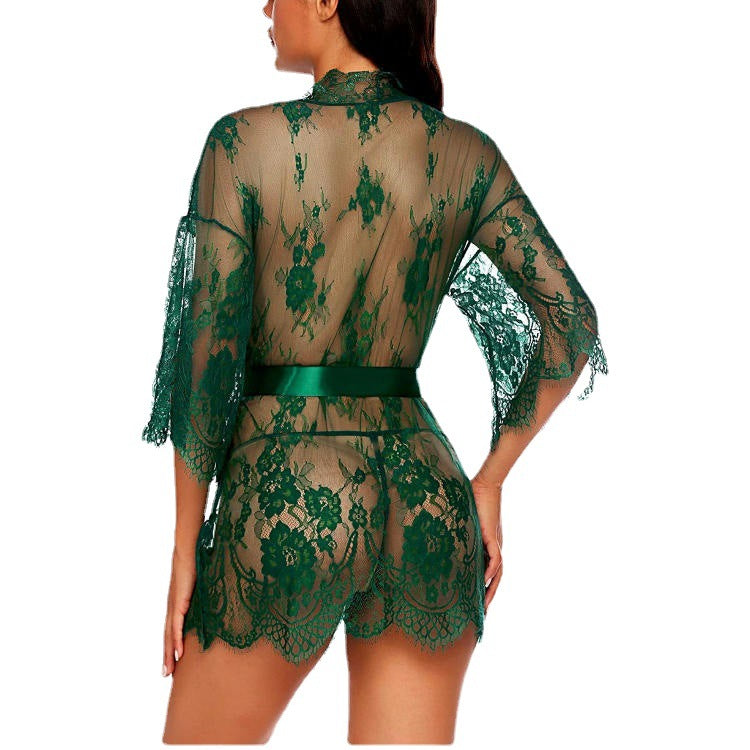 New European And American Sexy Underwear Women's Sexy Temptation Lace Kimono Nightgown Doll Underwear Mesh Pajamas