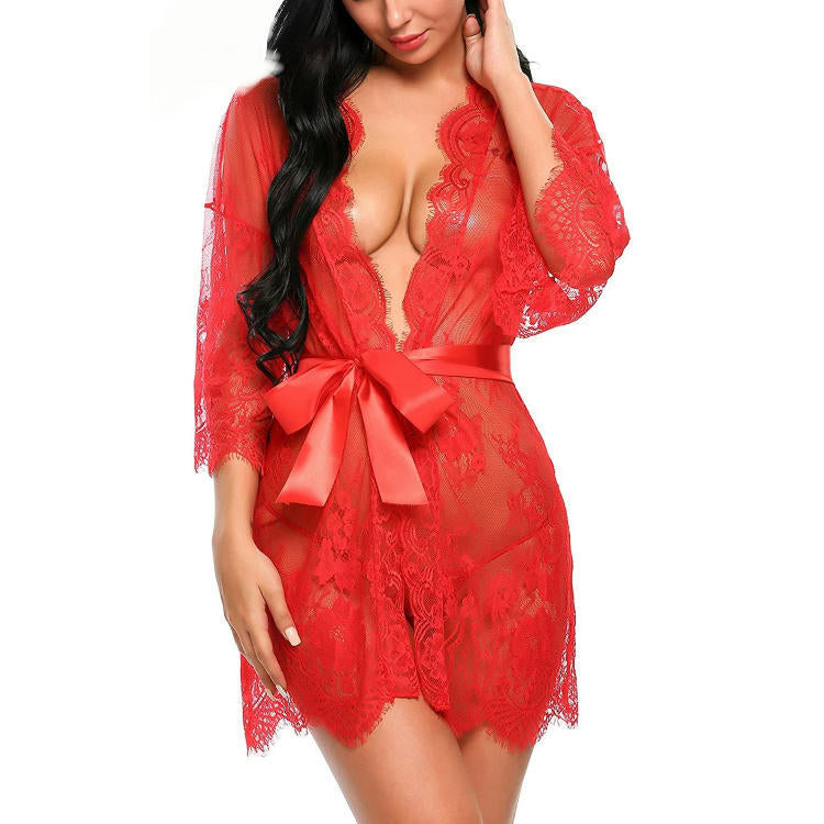 New European And American Sexy Underwear Women's Sexy Temptation Lace Kimono Nightgown Doll Underwear Mesh Pajamas