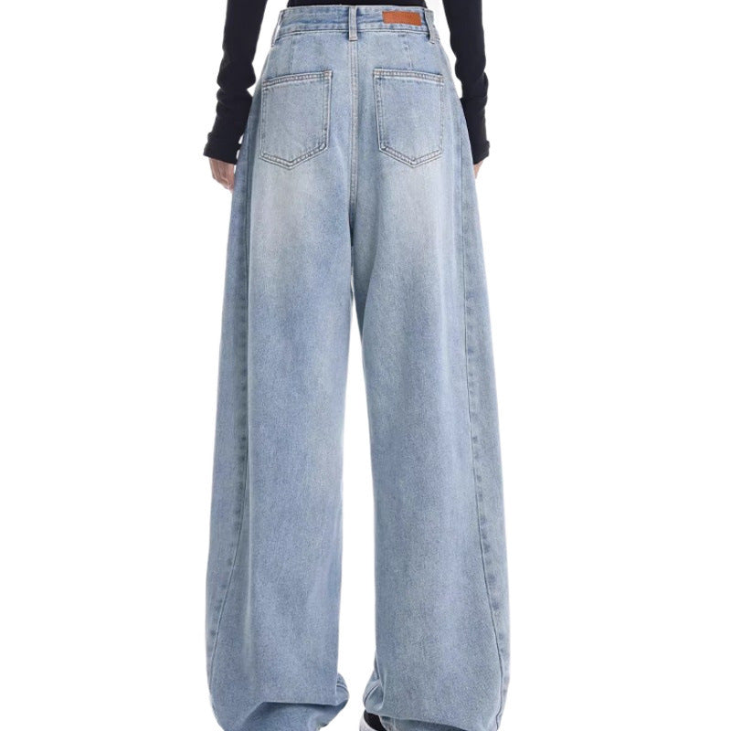 Light Blue High Waist Jeans Matchet Pants Women Straight