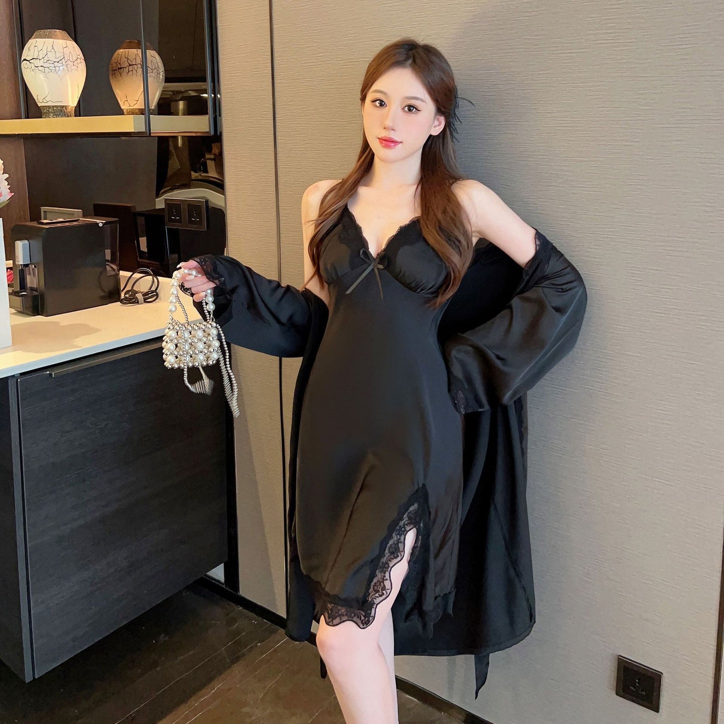 Women's Ice Silk Pajamas With Chest Pad Thin Robe Nightdress Two-piece Suit