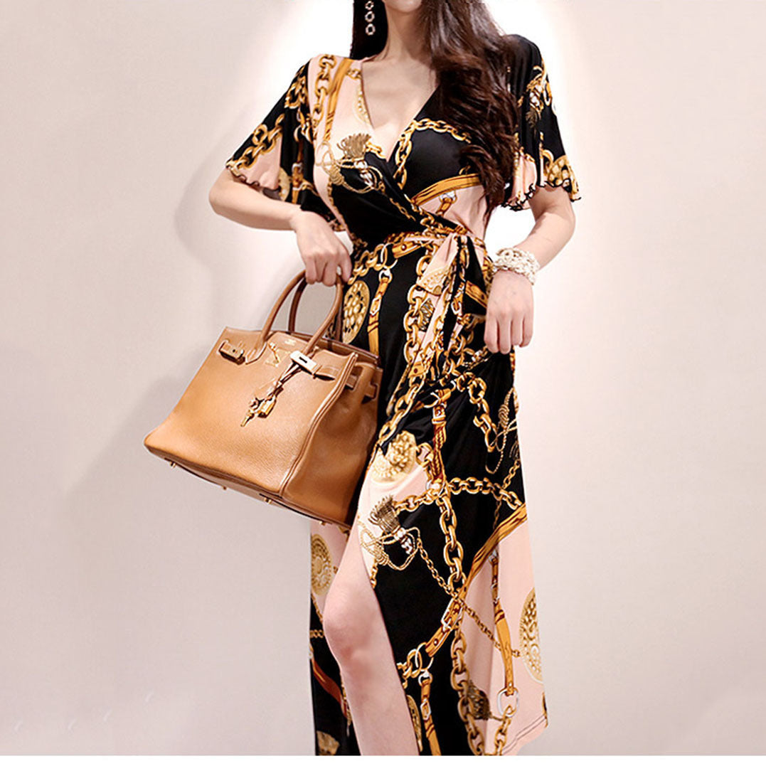 Printed Dress For Woman Elegant V-neck Gold Necklace Lace-up Waist