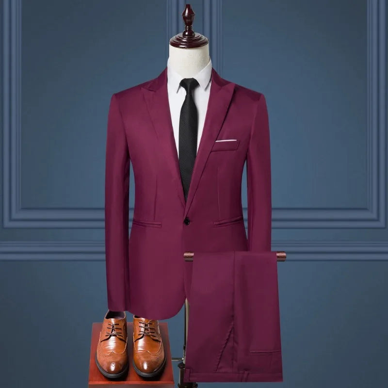 Men's Suit Set, Men's Fashion Solid Color Business Casual Suit Two-piece Set