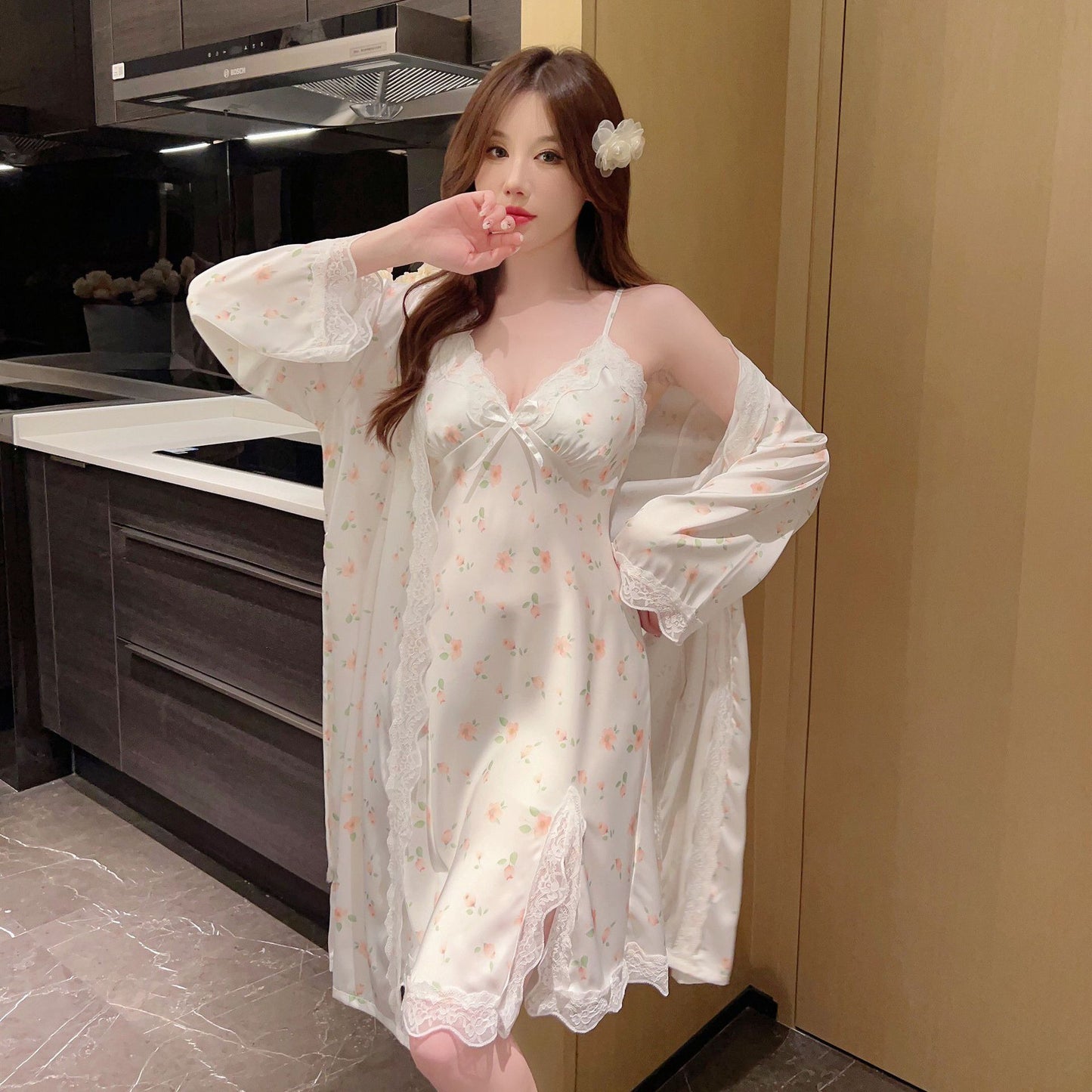 Women's Ice Silk Pajamas With Chest Pad Thin Robe Nightdress Two-piece Suit