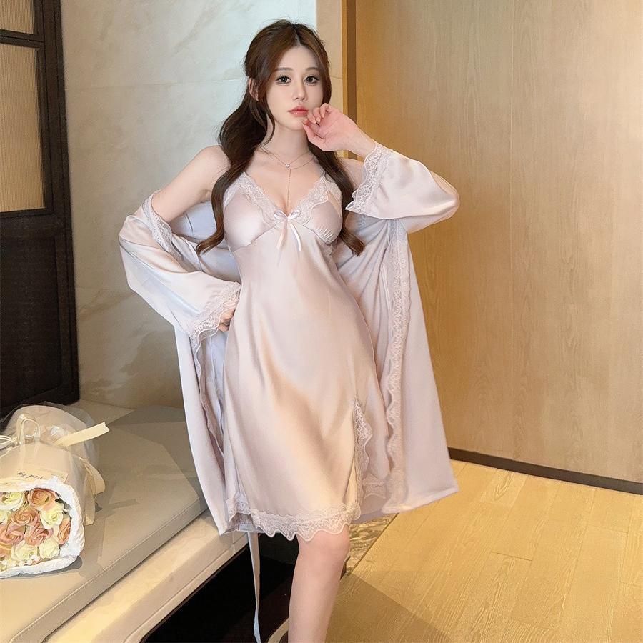 Women's Ice Silk Pajamas With Chest Pad Thin Robe Nightdress Two-piece Suit