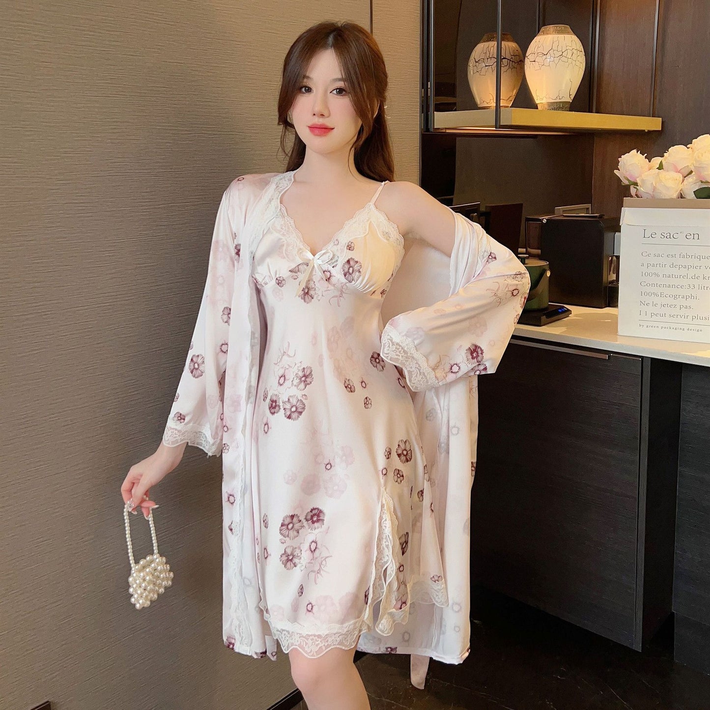 Women's Ice Silk Pajamas With Chest Pad Thin Robe Nightdress Two-piece Suit