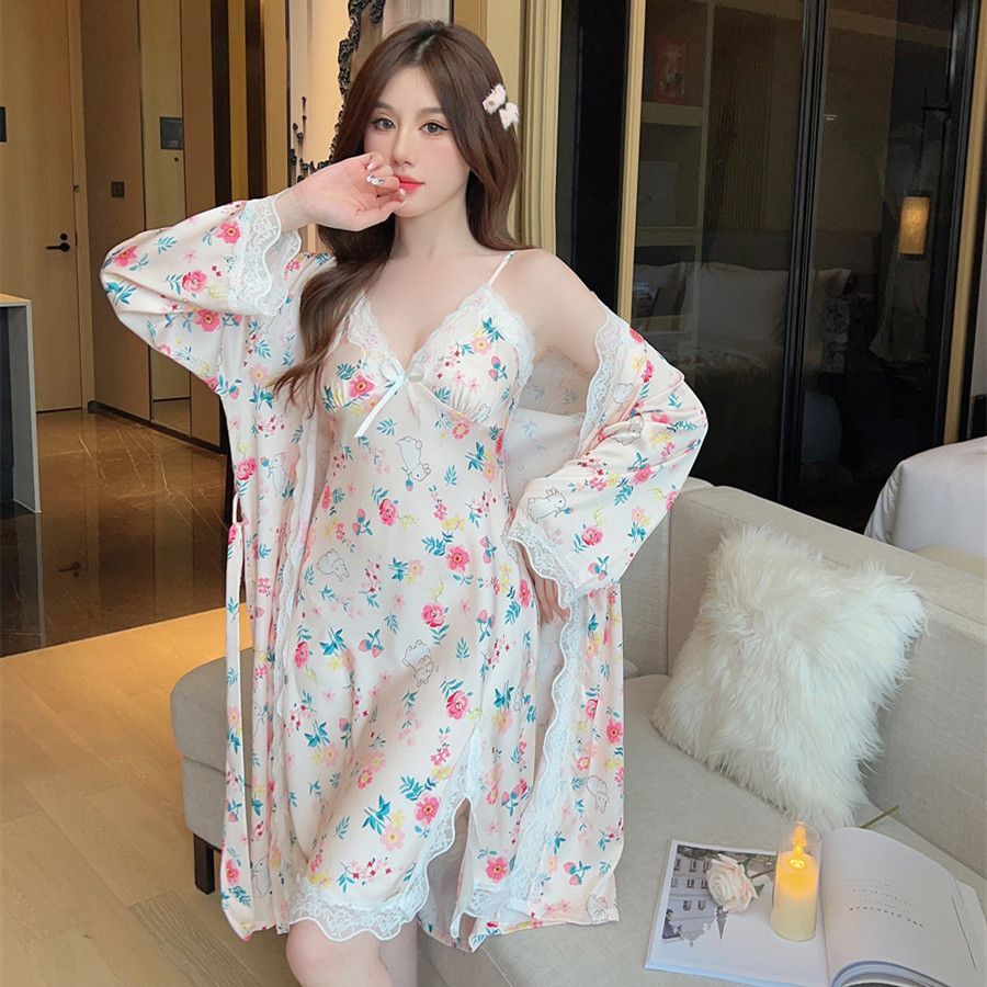 Women's Ice Silk Pajamas With Chest Pad Thin Robe Nightdress Two-piece Suit