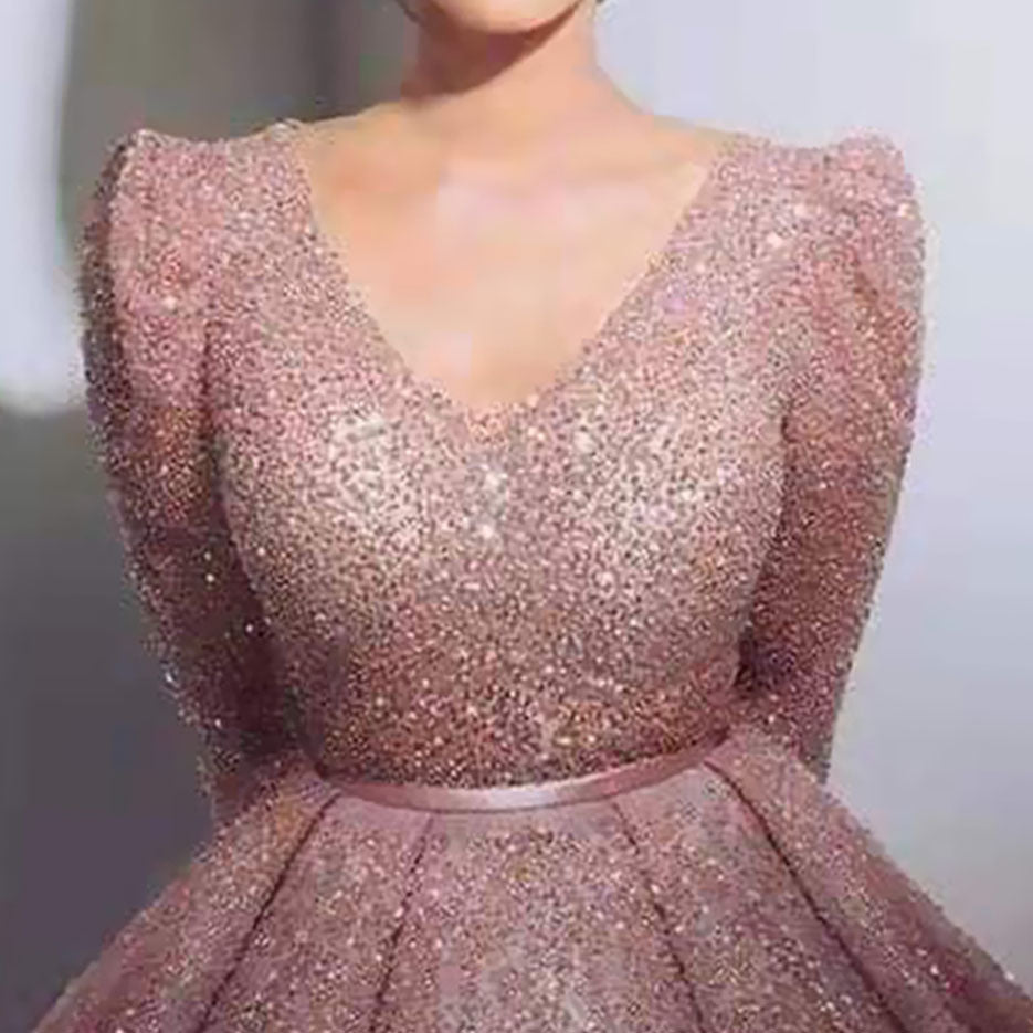 Women's Long-sleeved Gold Lotus Root Pink Slim Dress