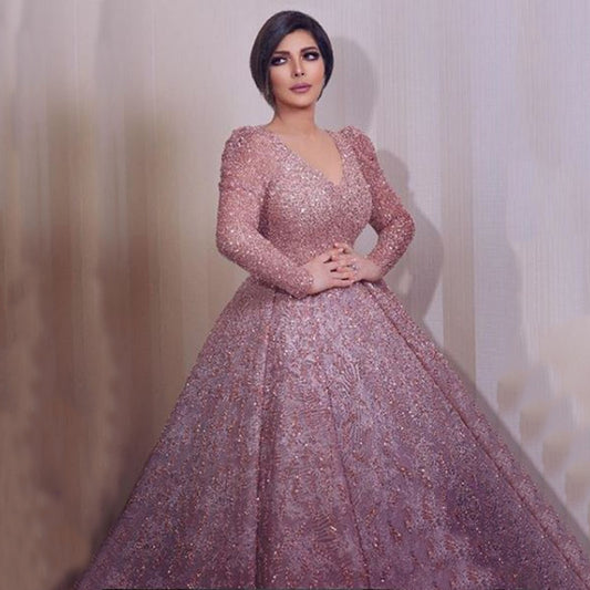 Women's Long-sleeved Gold Lotus Root Pink Slim Dress