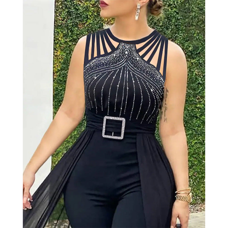 Waistband Solid Color Temperament Mesh Long Dress