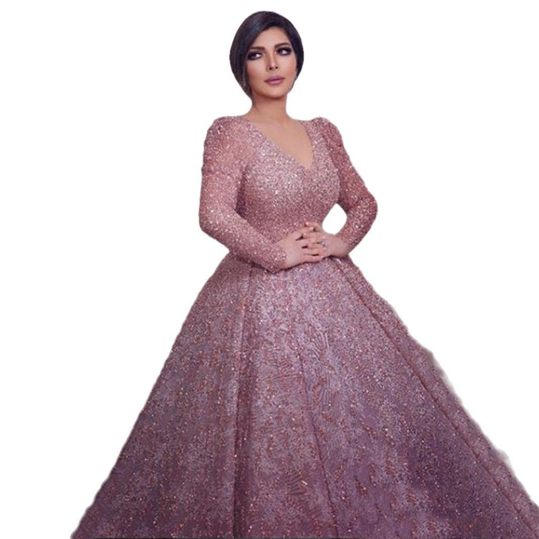 Women's Long-sleeved Gold Lotus Root Pink Slim Dress