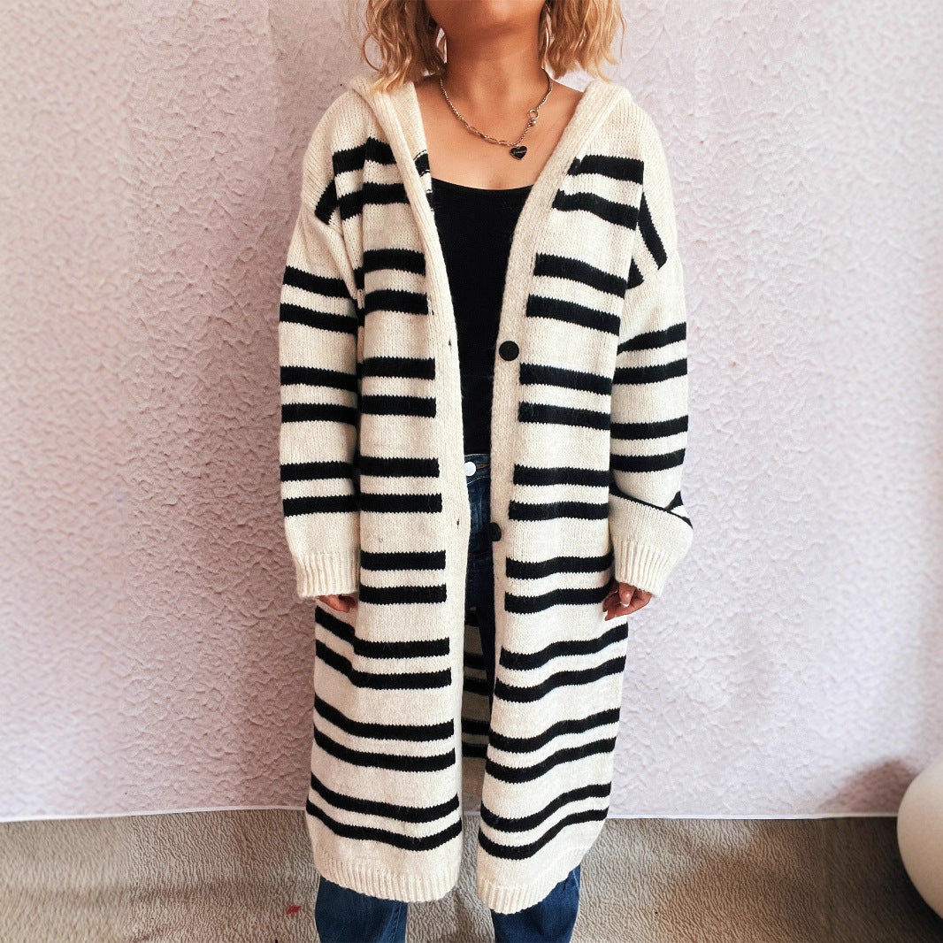 Hooded Color Contrast Striped Retro Casual Loose Sweater