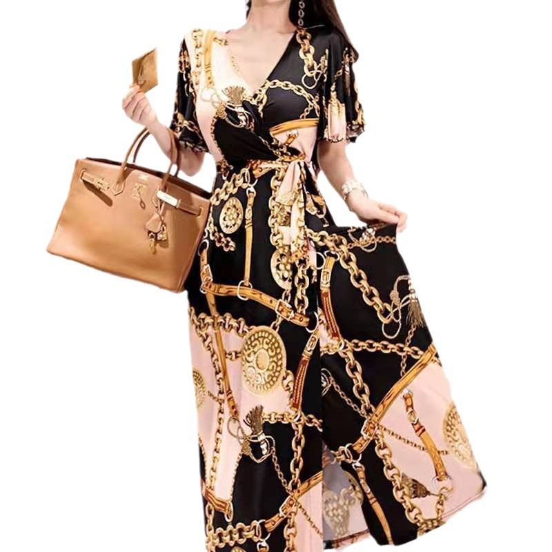 Printed Dress For Woman Elegant V-neck Gold Necklace Lace-up Waist